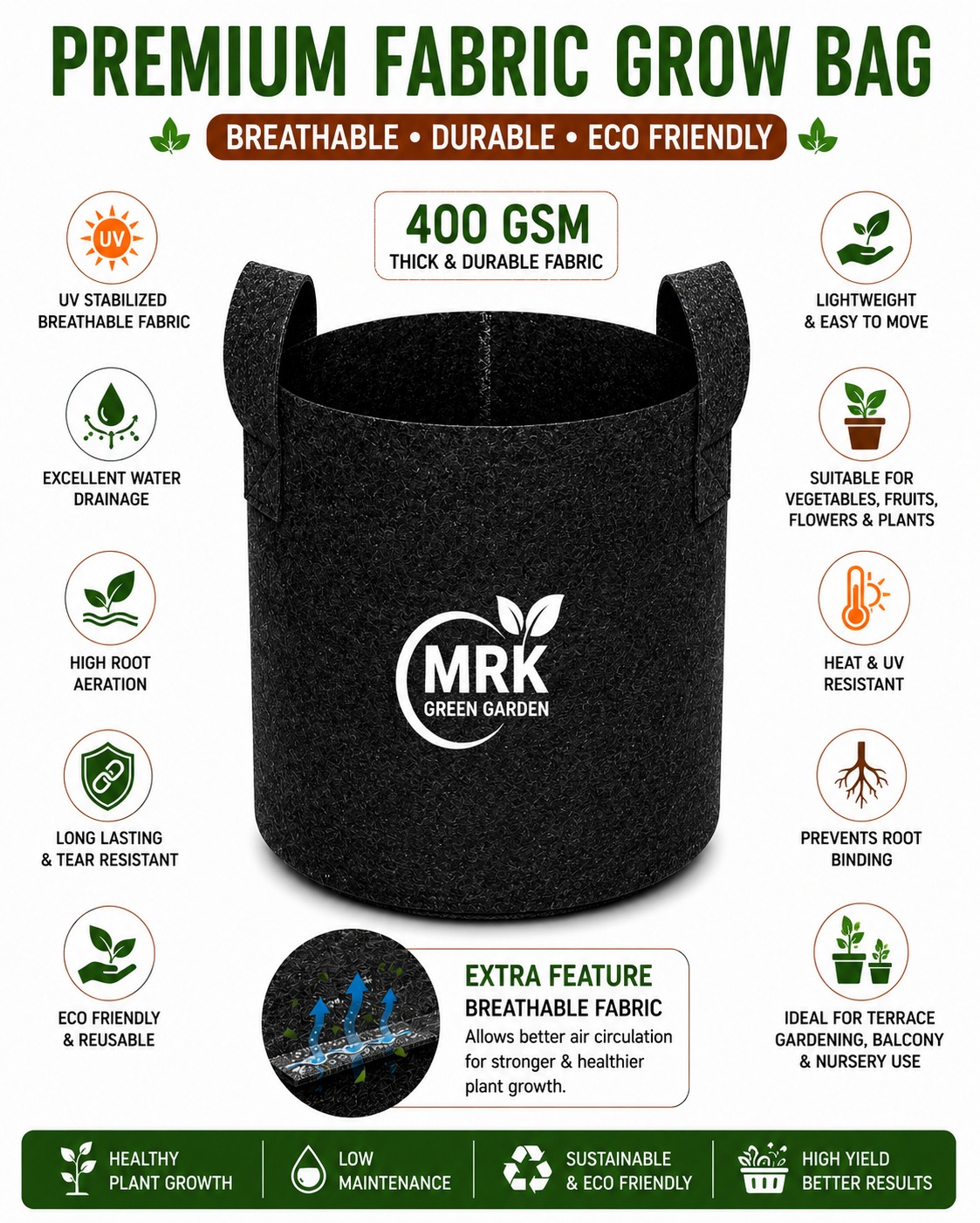 Geo Fabric Grow Bag 10x10 – Premium Heavy Duty Grow Bag for Terrace Gardening 400 GSM