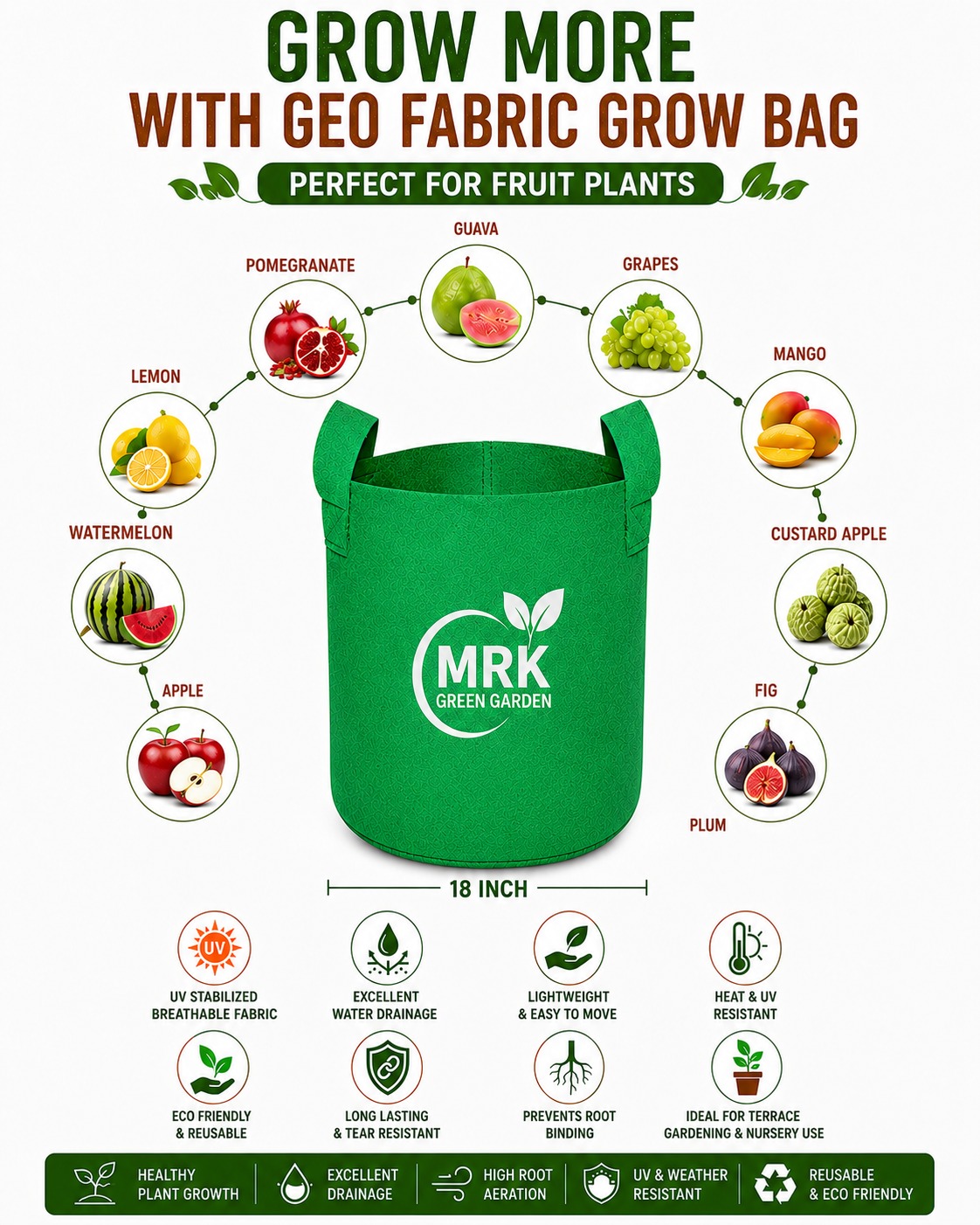 Geo Fabric Grow Bag 18x18 – Premium Heavy Duty Grow Bag for Terrace Gardening 400 GSM