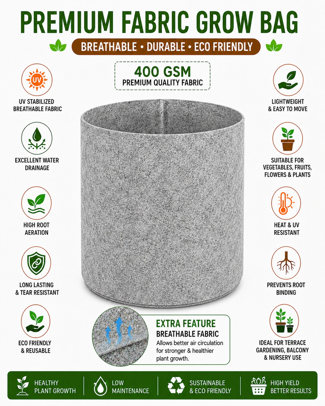 Geo Fabric Grow Bag 8×8 – Premium Heavy Duty Grow Bag for Terrace Gardening 400 GSM