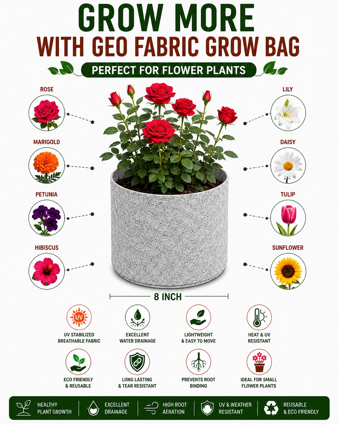 Geo Fabric Grow Bag 8×8 – Premium Heavy Duty Grow Bag for Terrace Gardening 400 GSM