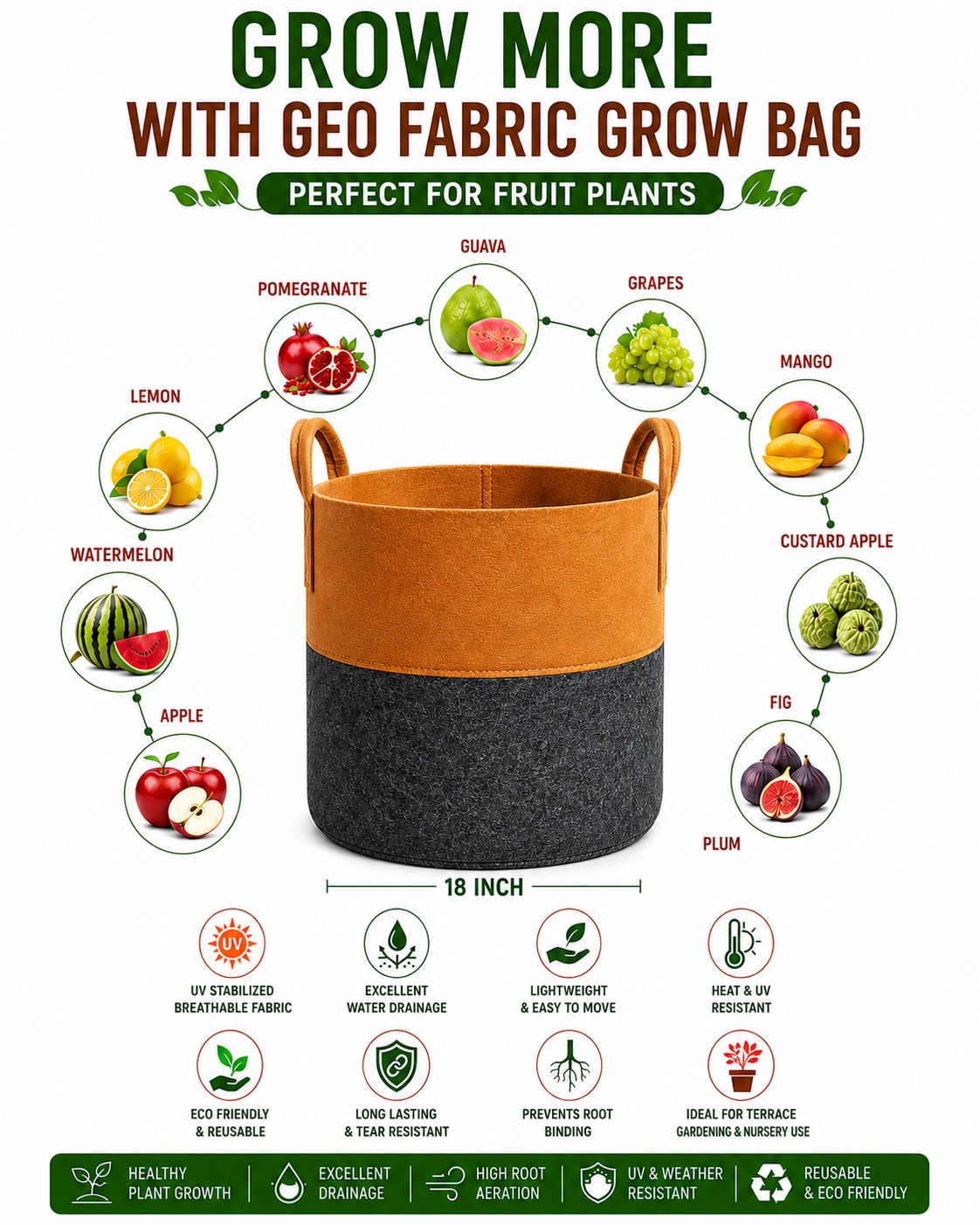 Dual Color Geo Fabric Grow Bag 12×12 Inch – Premium Heavy Duty Grow Bag for Terrace Gardening | 400 GSM