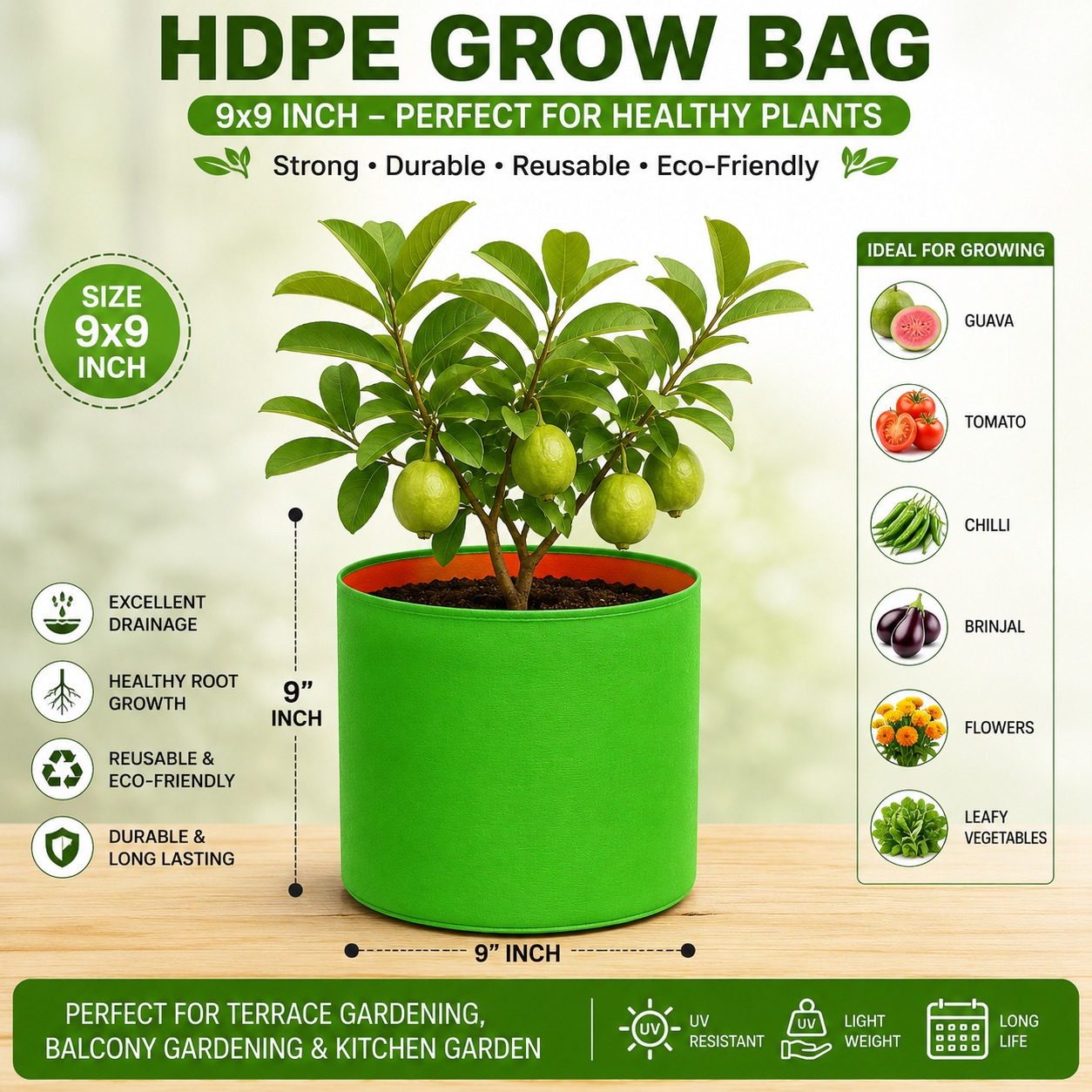 HDPE Grow Bag 9x9 Inch – Pack of 5 (260 GSM)
