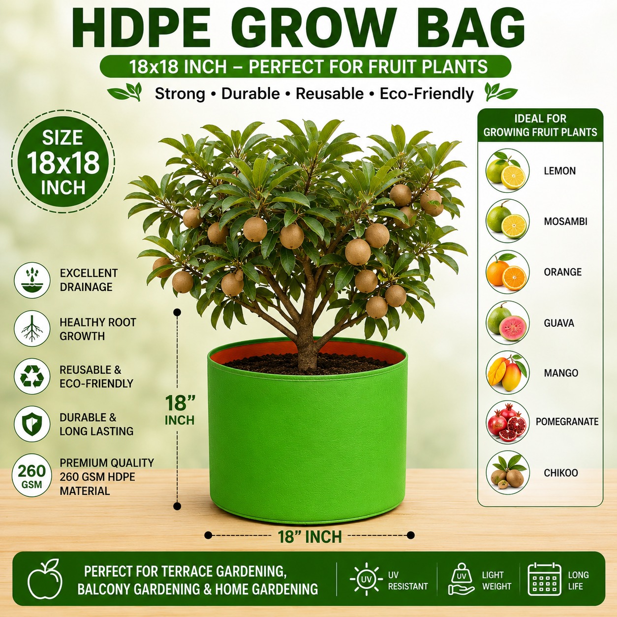 HDPE Grow Bag 18×18 Inch – (260 GSM)