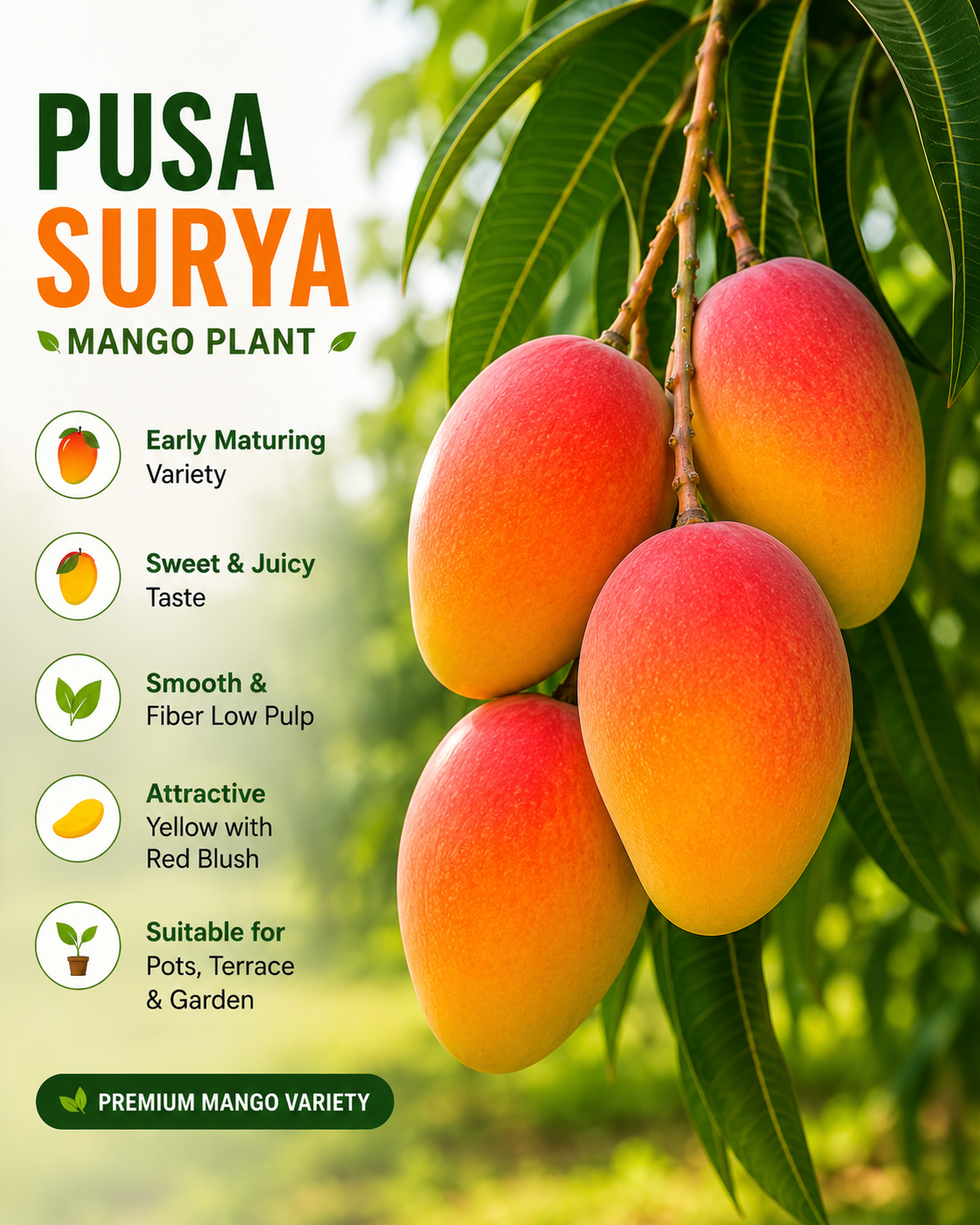 Pusa Surya Mango Plant – Premium Early Fruiting Sweet Mango Variety | Grafted Mango Plant