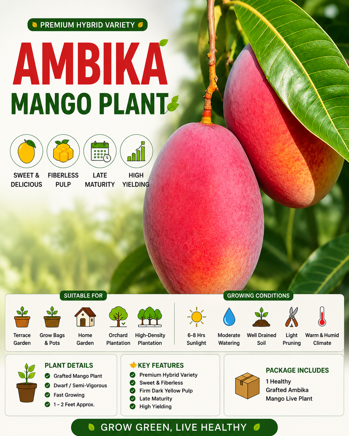 Ambika Mango Plant – Premium Hybrid Red Blush Mango Variety | Sweet Fiberless Grafted Mango Plant