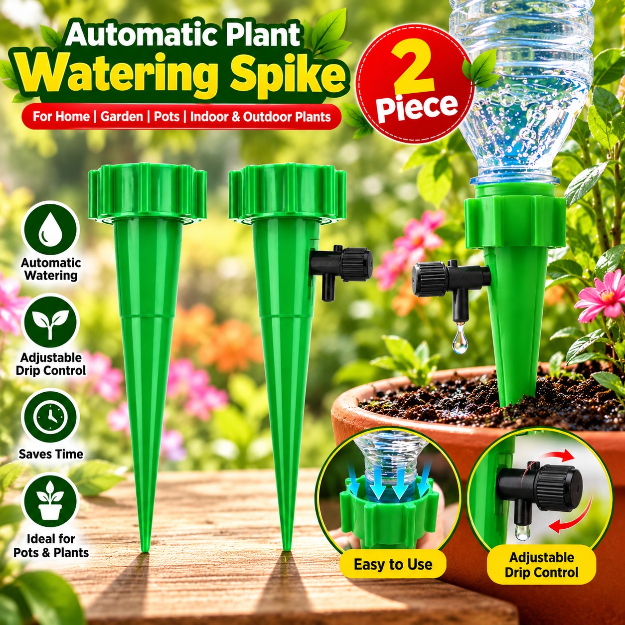 Automatic Plant Watering Spike 2 Piece Set | Adjustable Drip Irrigation System | Self-Watering Device for Pots, Plants & Garden