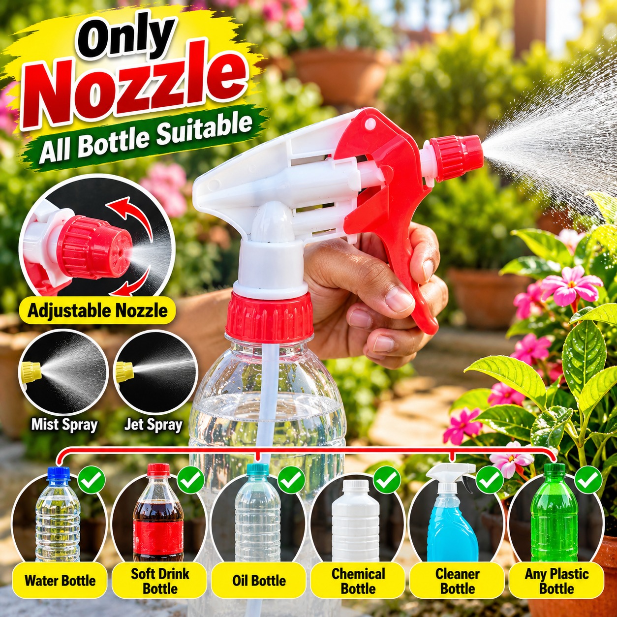 All Bottle Fit | Nozzle Trigger Bottle Garden Spray | High Pressure Water Spray Nozzle | Hand Spray Head | Garden Spray Bottle Nozzle